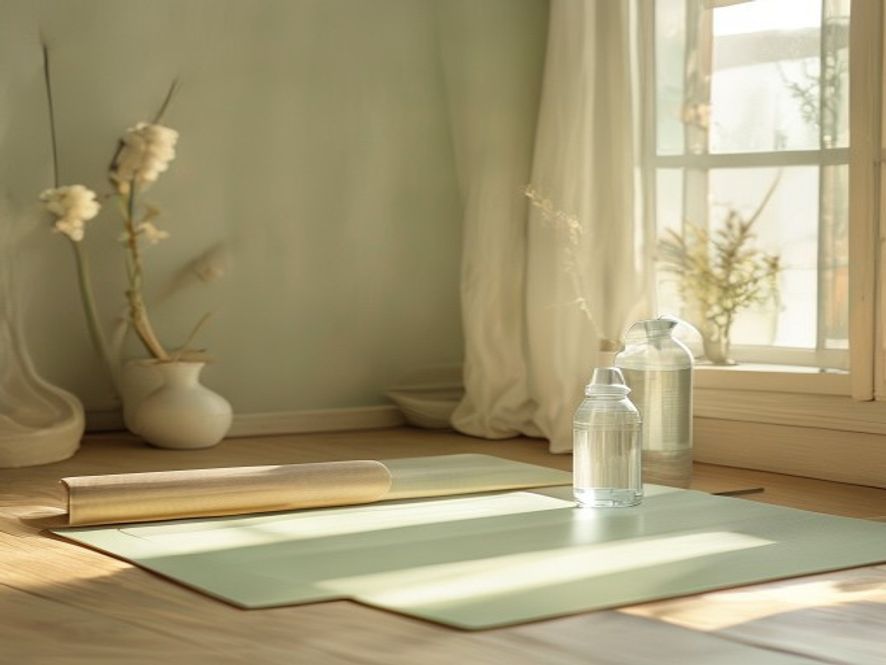 A serene practice space with minimal equipment, wooden floor, and soft natural light streaming through large windows