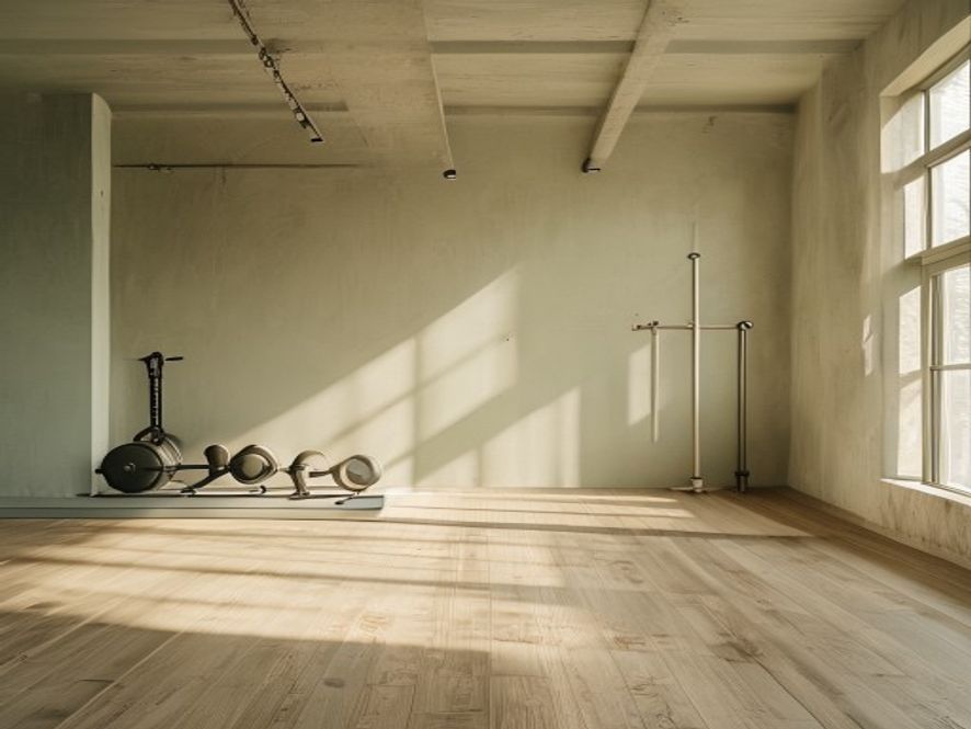 Athlete performing a bodyweight exercise in a bright, minimalist studio space